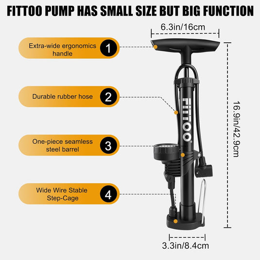 FITTOO Bike Air Pump,High Pressure Bicycle Hand Pump,Universal Compatible with Presta,Schrader,Dunlop Valve,Inflating for Road Bikes,Mountain Bikes,Hybrid Bikes,Children Bikes,Balls,Balloons