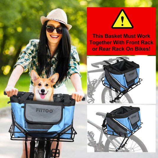 FITTOO 3 In 1 Pet Bike Basket Dog Cat Carrier Front Bicycle Basket Foldable