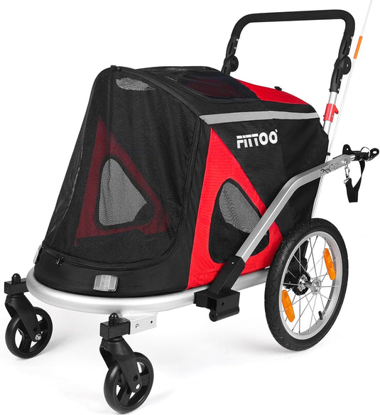 FITTOO Dog Bike Trailer, 2-in-1 Foldable Tow Behind Bike Pet Trailers, Bicycle Bike Pet Carrier Trailer with Universal Bicycle Coupler, Converts to Stroller, Pram, Jogger