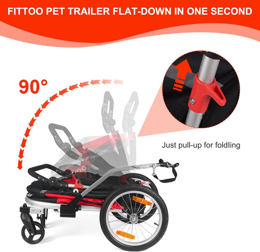 FITTOO Dog Bike Trailer, 2-in-1 Foldable Tow Behind Bike Pet Trailers, Bicycle Bike Pet Carrier Trailer with Universal Bicycle Coupler, Converts to Stroller, Pram, Jogger