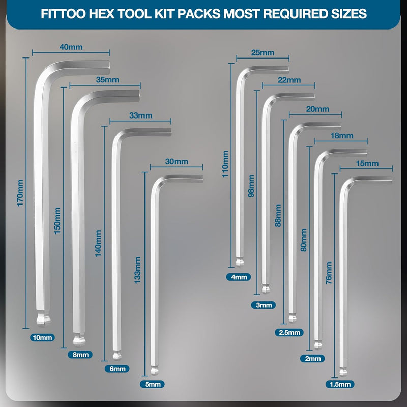 Load image into Gallery viewer, FITTOO Hex Key Set, Ball - End & Extended Allen Wrench Kit (1.5mm, 2mm, 2.5mm, 3mm, 4mm, 5mm, 6mm, 8mm, 10mm), 9 - Piece Bike & Daily Jobs Tool Set