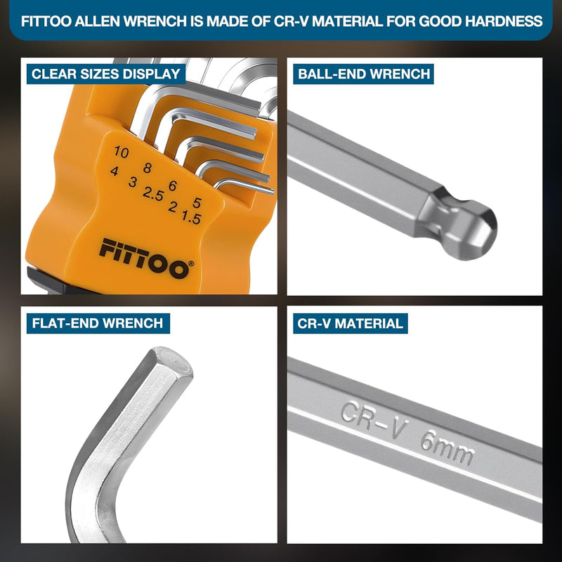Load image into Gallery viewer, FITTOO Hex Key Set, Ball - End & Extended Allen Wrench Kit (1.5mm, 2mm, 2.5mm, 3mm, 4mm, 5mm, 6mm, 8mm, 10mm), 9 - Piece Bike & Daily Jobs Tool Set