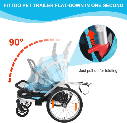 FITTOO Dog Bike Trailer, 2-in-1 Foldable Tow Behind Bike Pet Trailers, Bicycle Bike Pet Carrier Trailer with Universal Bicycle Coupler, Converts to Stroller, Pram, Jogger