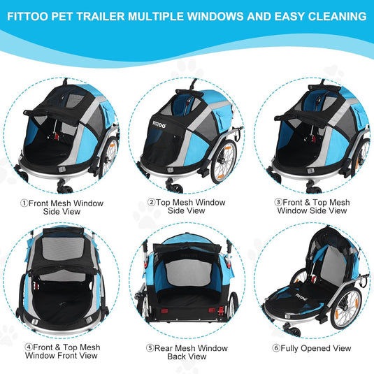FITTOO Dog Bike Trailer, 2-in-1 Foldable Tow Behind Bike Pet Trailers, Bicycle Bike Pet Carrier Trailer with Universal Bicycle Coupler, Converts to Stroller, Pram, Jogger