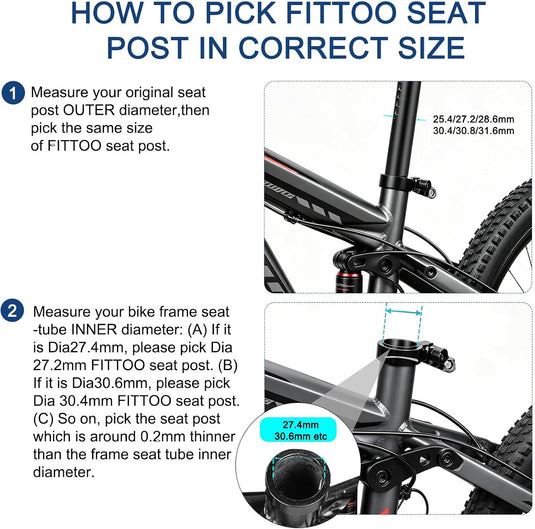 FITTOO Bike Seat Post, Aluminium Alloy & CP Steel Bicycle Seat Pillar, Diameter 25.4mm, 27.2mm, 28.6mm, 30.4mm, 30.8mm, 31.6mm