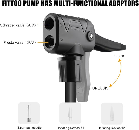 FITTOO Bike Air Pump,High Pressure Bicycle Hand Pump,Universal Compatible with Presta,Schrader,Dunlop Valve,Inflating for Road Bikes,Mountain Bikes,Hybrid Bikes,Children Bikes,Balls,Balloons