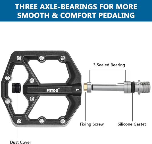 FITTOO Bike Pedals, Aluminum Alloy Mountain Bicycle Pedal, Sealed Bearings Anti-Slip Pedals, 9/16in Axle, Workable for Mountain Bike, Road Bike, BMX Bike, Vintage Bike, Ebike Etc