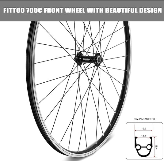 FITTOO Mountain Bike Wheels, Bicycle Front Wheel & Rear Wheel, 700C Bicycle Bike Wheel, High Strength Double-Wall Aluminum Alloy Rim