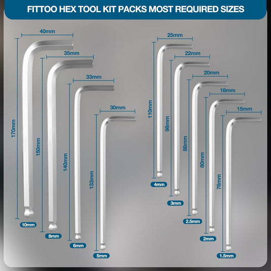 FITTOO Hex Key Set, Ball - End & Extended Allen Wrench Kit (1.5mm, 2mm, 2.5mm, 3mm, 4mm, 5mm, 6mm, 8mm, 10mm), 9 - Piece Bike & Daily Jobs Tool Set