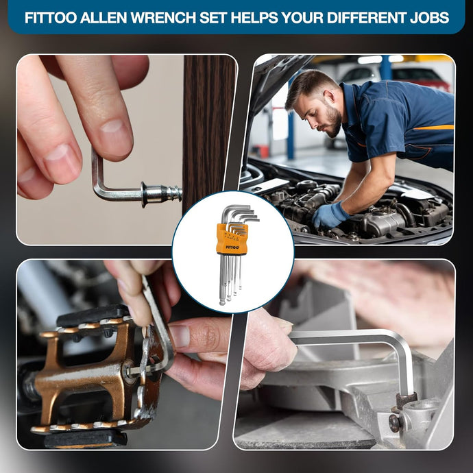 FITTOO Hex Key Set, Ball - End & Extended Allen Wrench Kit (1.5mm, 2mm, 2.5mm, 3mm, 4mm, 5mm, 6mm, 8mm, 10mm), 9 - Piece Bike & Daily Jobs Tool Set