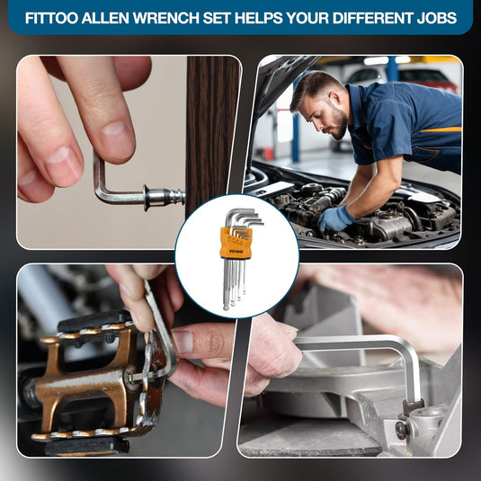 FITTOO Hex Key Set, Ball - End & Extended Allen Wrench Kit (1.5mm, 2mm, 2.5mm, 3mm, 4mm, 5mm, 6mm, 8mm, 10mm), 9 - Piece Bike & Daily Jobs Tool Set