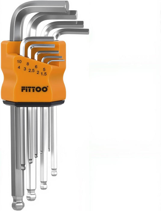 FITTOO Hex Key Set, Ball - End & Extended Allen Wrench Kit (1.5mm, 2mm, 2.5mm, 3mm, 4mm, 5mm, 6mm, 8mm, 10mm), 9 - Piece Bike & Daily Jobs Tool Set