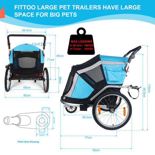 FITTOO Dog Bike Trailer, 2-in-1 Foldable Tow Behind Bike Pet Pram Trailers Large